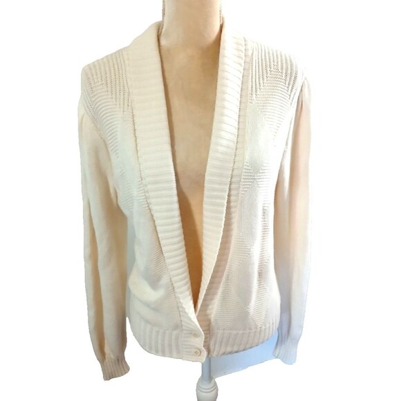 Vintage Beldoch Popper 100% Cotton Sweater S Cream Shawl Collar Cardigan - Picture 1 of 4